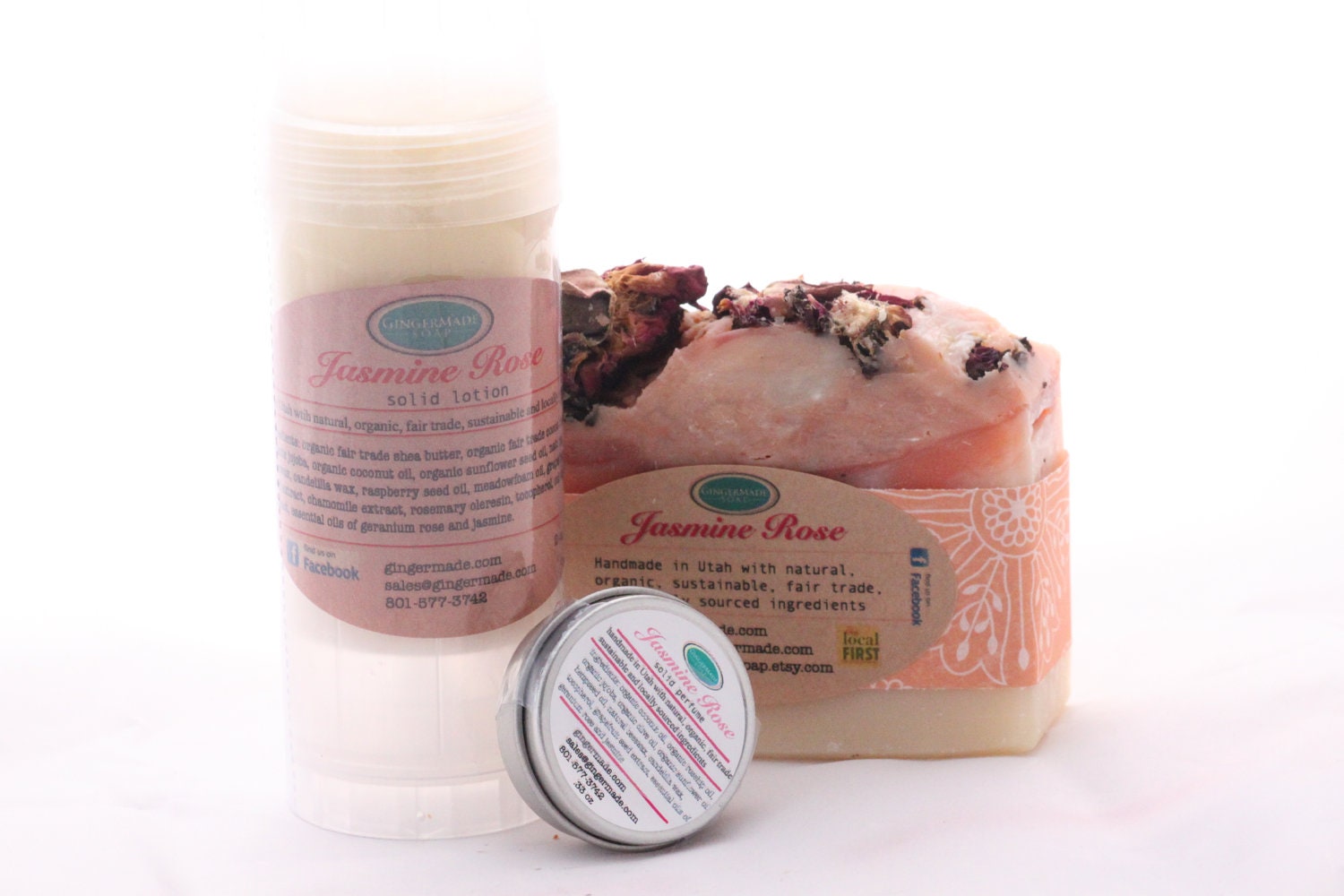 Jasmine Rose Gift Pack-Handmade Soap-Natural Perfume-Solid Lotion-Essential Oils-Made in Utah