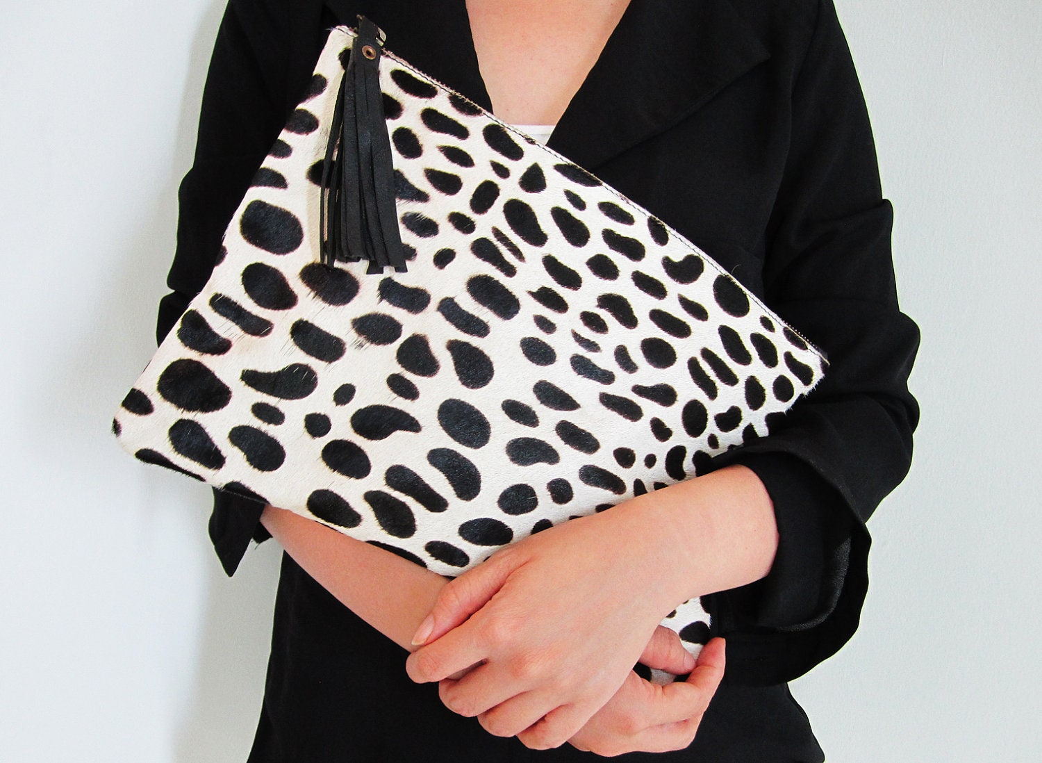 Dalmatian Print Calf Hair Zipper Pouch Leather Clutch