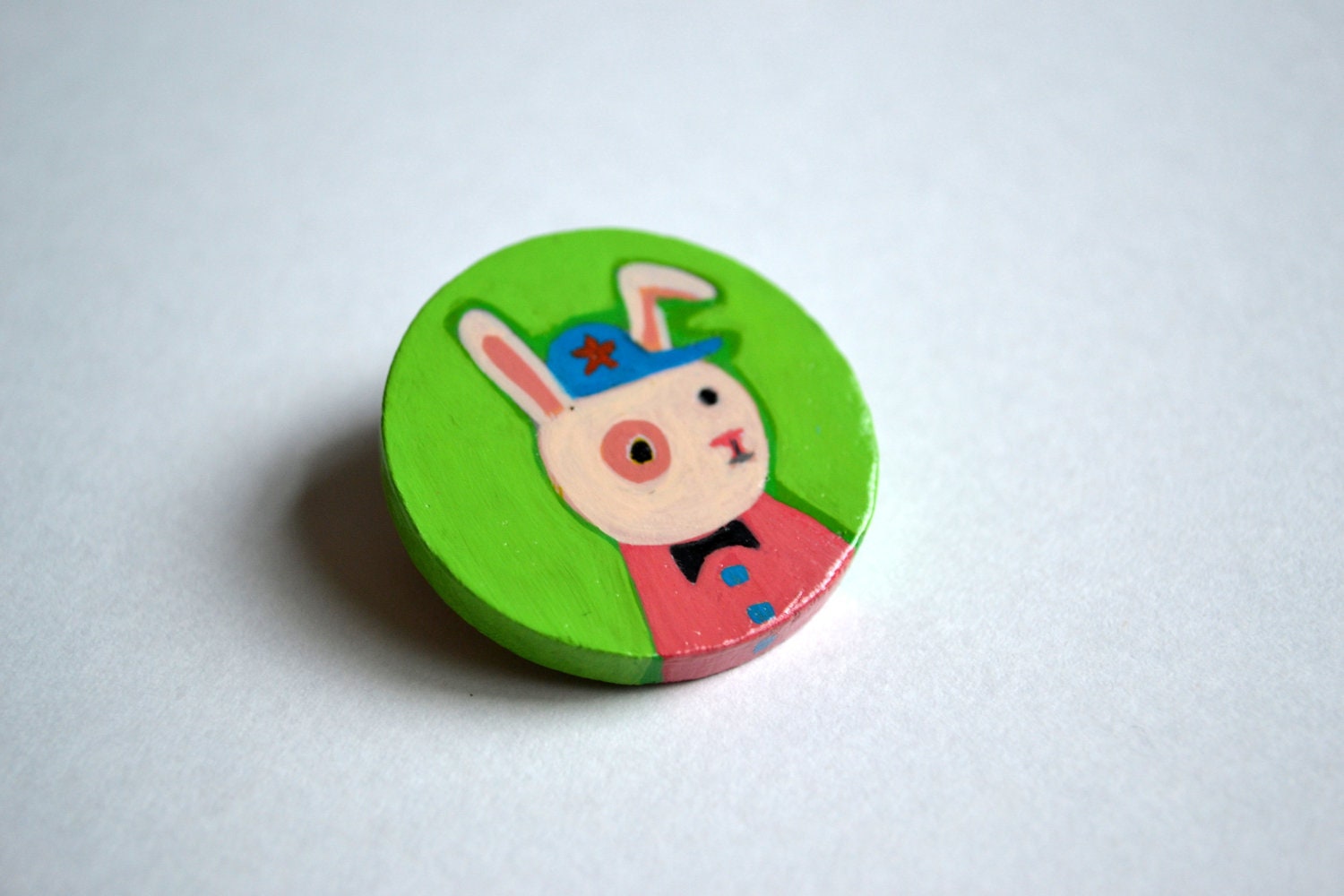 Hand Painted Bunny Wooden Brooch on Vintage Post Card Backing - Easter Basket Gift