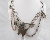 Steampunk  Chain Necklace Gears  Chain Butterfly Crystal Vintage Skeleton Key copper silver brass goth dramatic