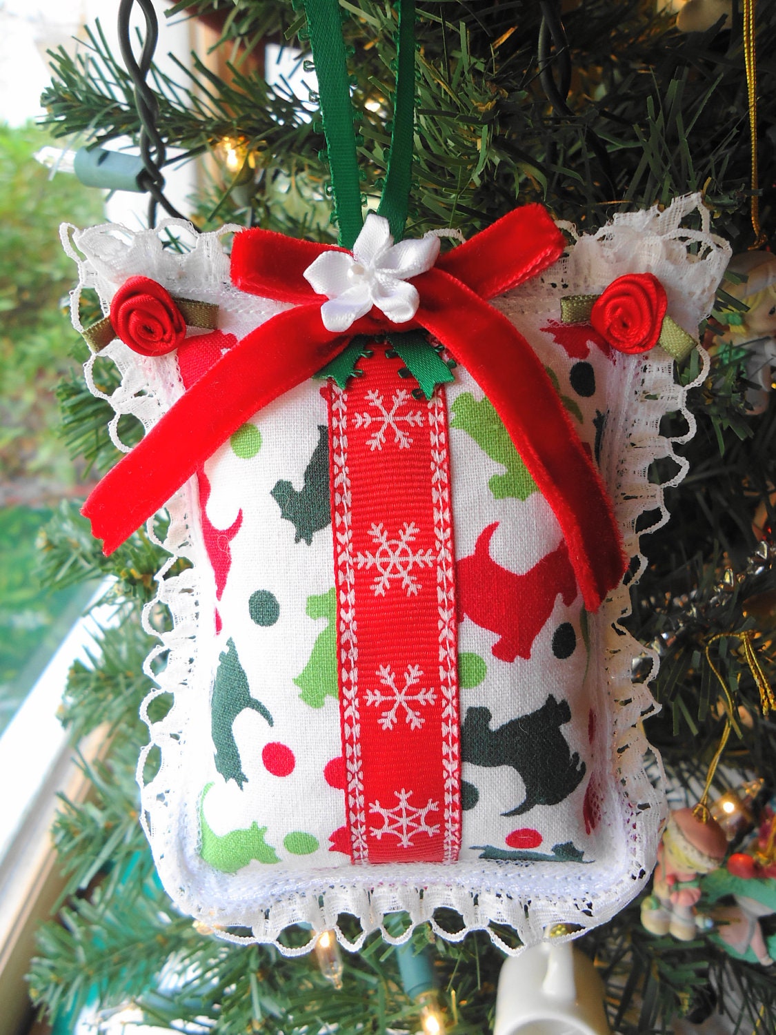 Scotty Dog Present Gift Red White and Green with Snowflakes Handmade Fabric Christmas Tree Holiday Ornament