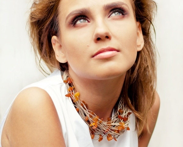 Organic Amber Necklace Baltic Amber Linen Necklace, Brown Mustard Orange Gold Gemstone Pure Summer Fashion
