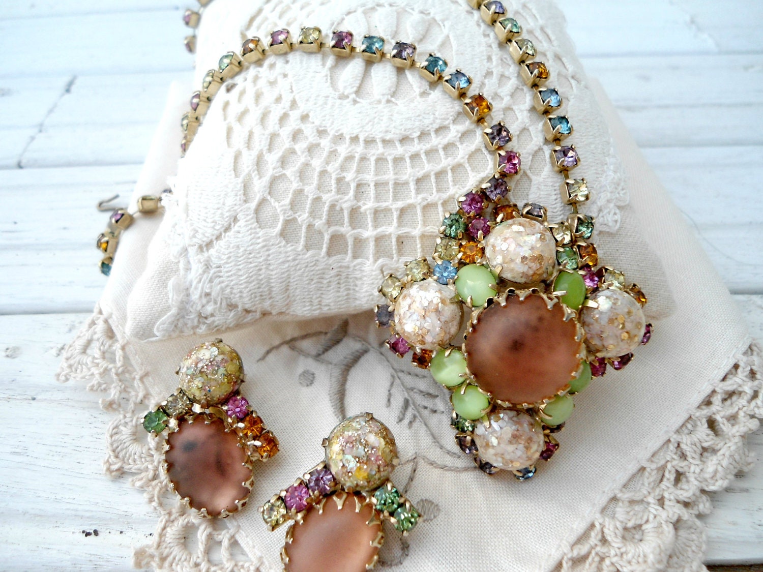 Vintage Demi Parure Statement Necklace and Earrings - Confetti Art Glass Necklace and Clip on Earrings