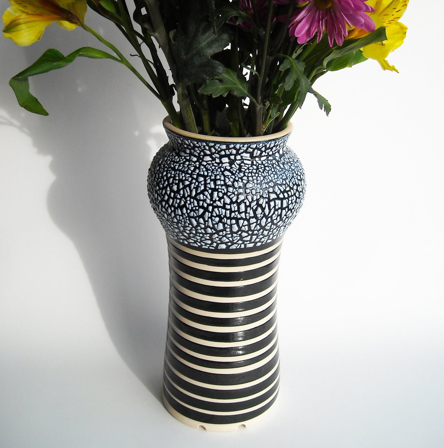 Elegant Ceramic VASE with B/W stripes and TEXTURE