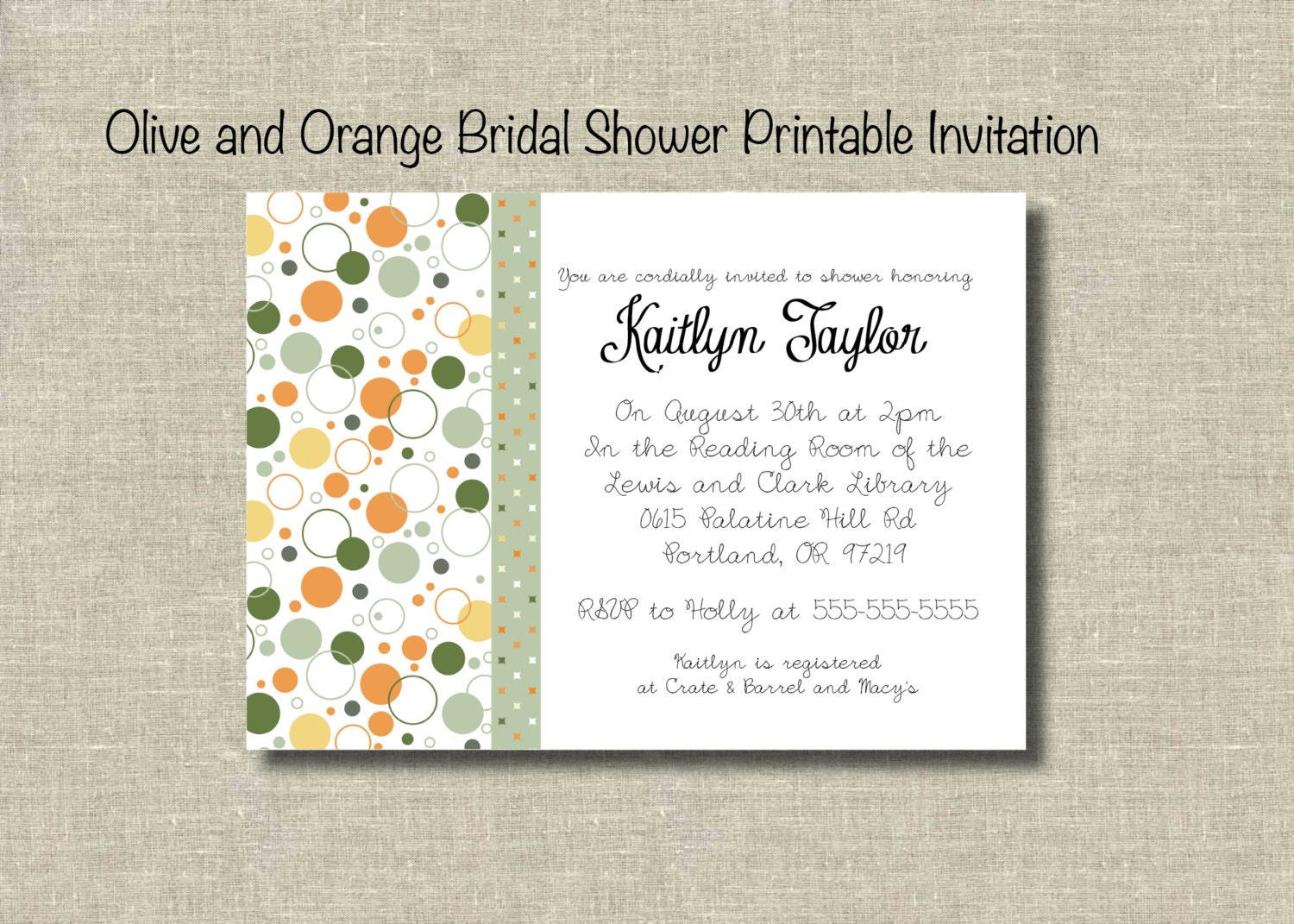 Orange and Olive Printable Bridal Shower Invitation