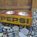 Unique Vintage Elevated wood wooden Crate dish bowl Feeder for your dog yellow Pepsi crate repurposed dog feed station