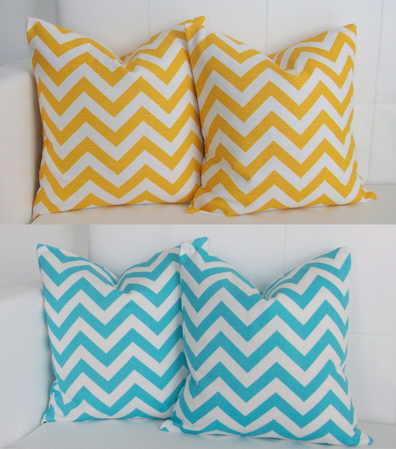 Four Aqua Blue and Yellow Chevron Throw Pillow Covers - Chevron ZigZag Decorative Pillows - 16 x 16