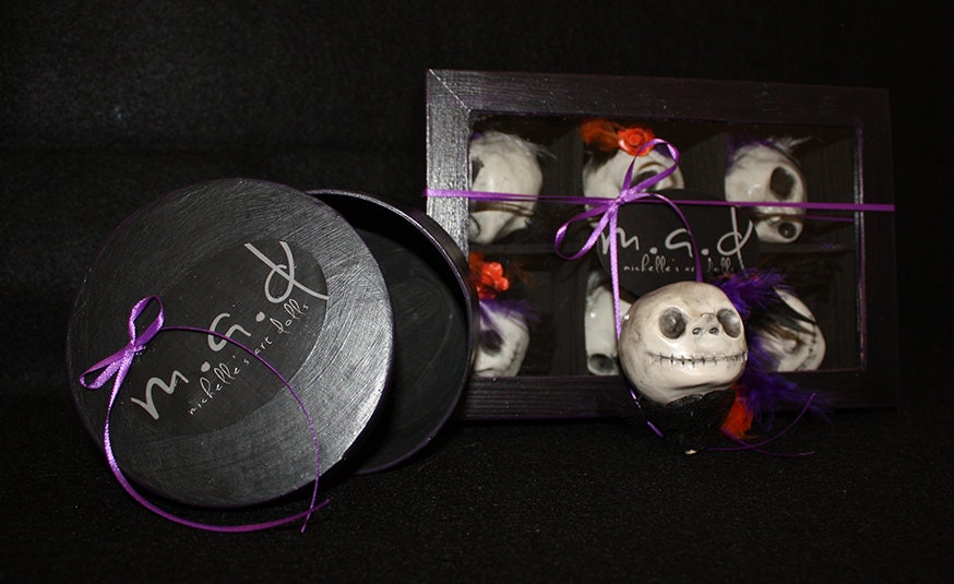 6 pack of OOAK  Halloween/Christmas Ornament, skulls wiith orange roses, black, purple and white feathers