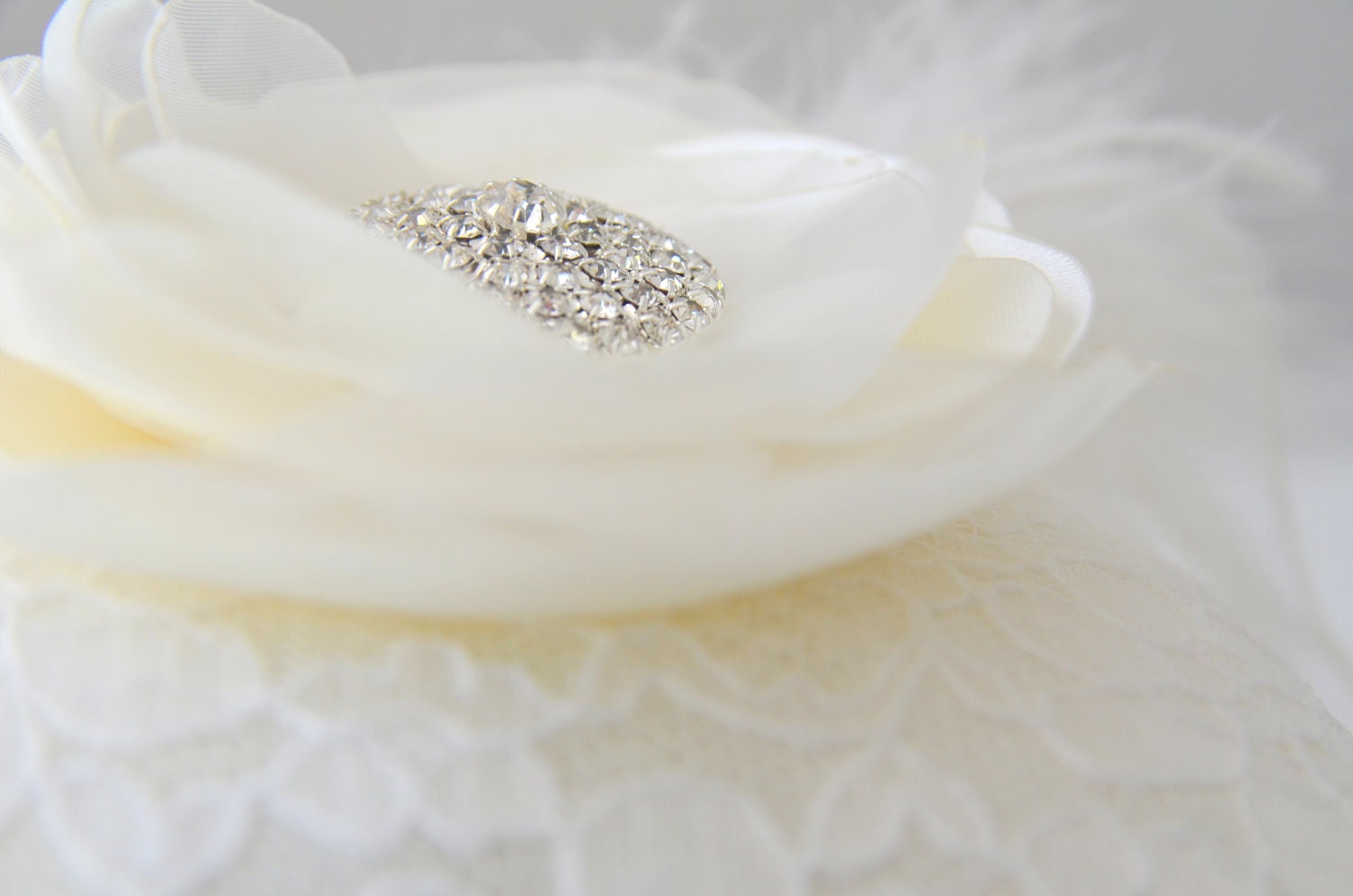 handmade wedding ring pillow ivory satin wrapped white lace ribbon handmade fabric flower with art deco crystal rhinestone embellishment