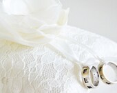 handmade wedding ring pillow ivory satin wrapped ivory lace ribbon handmade fabric organza flower pearl embellishment bridal accessory