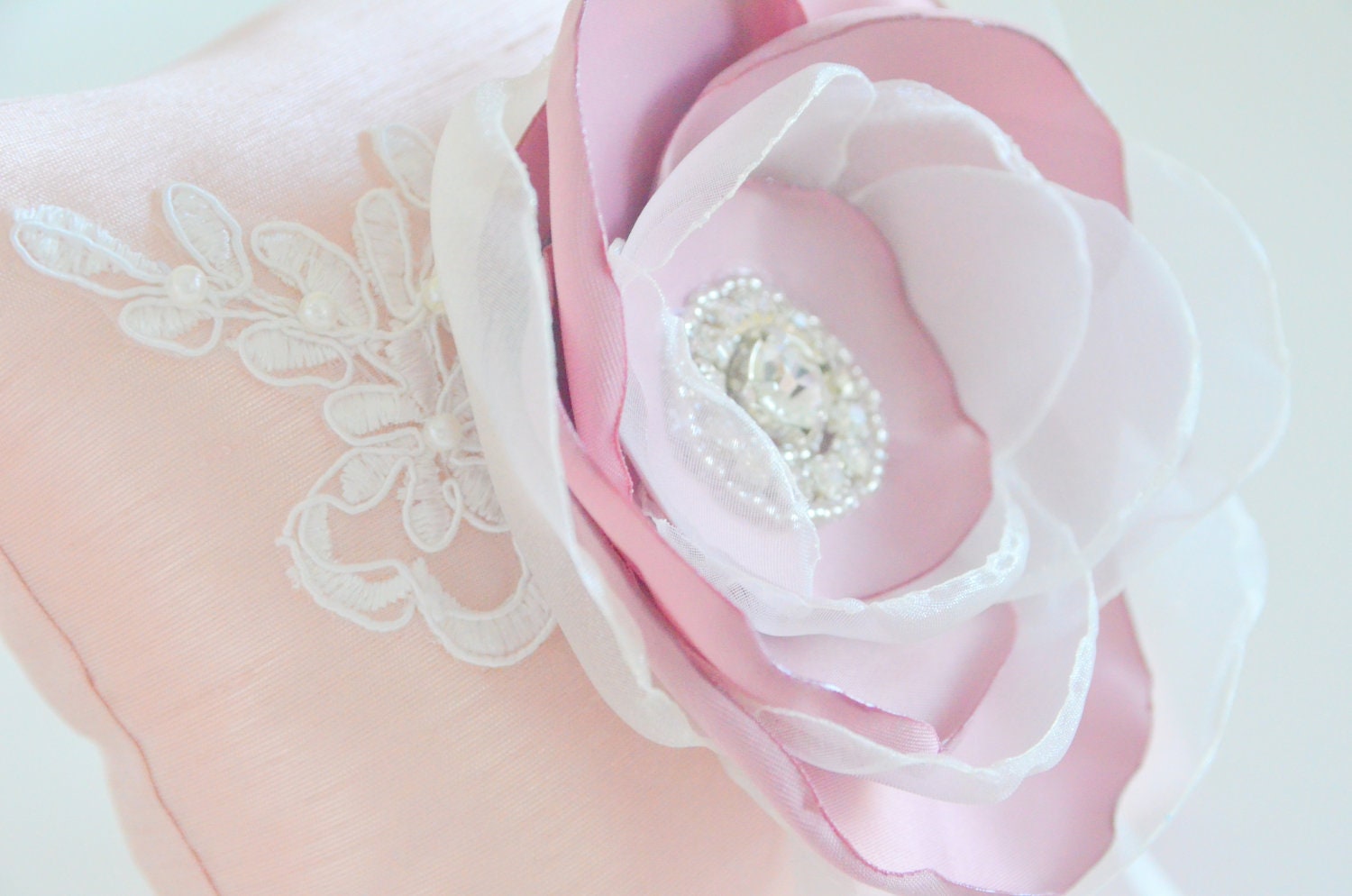 wedding ring pillow powder color silk ivory lace pearl organza ribbon powder color satin organza flower rhinestone swarovski embellishment