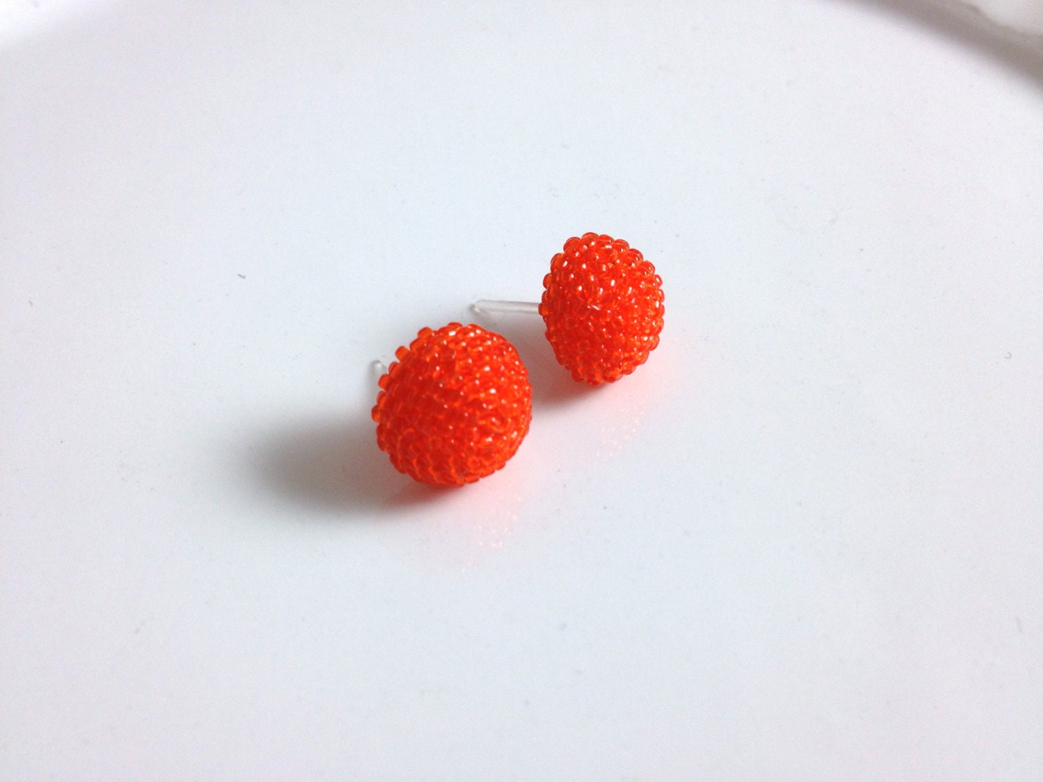 Orange (Tangerine) Beaed Stud Earrings (plastic earring post for sensitive ears)