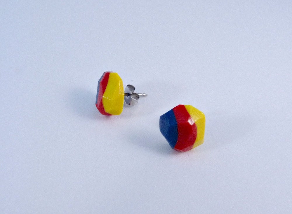 Red, Blue, Yellow, Primary Colors Faceted Clay Post Earrings, Stainless Surgical Steel Posts