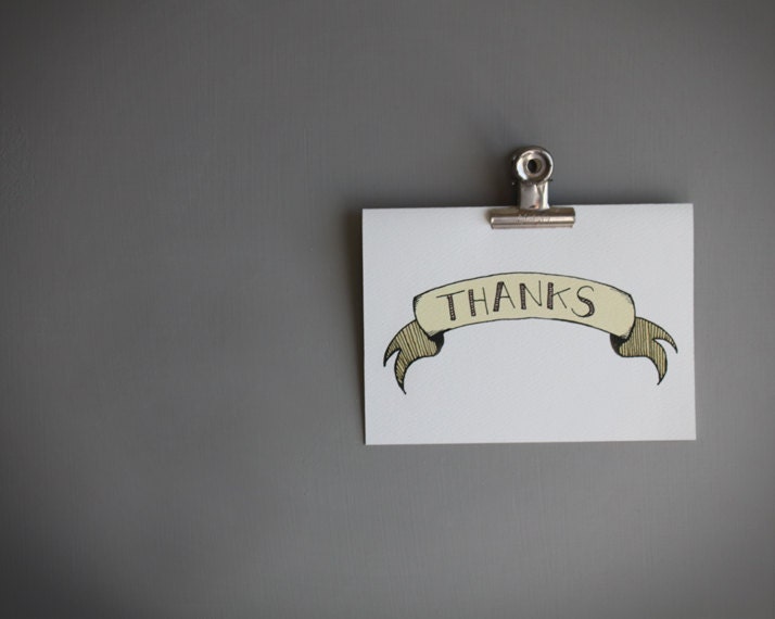 Thank you card. thank you note card.  hand drawn yellow banner . butter . blank notecard . thank you . greeting card .