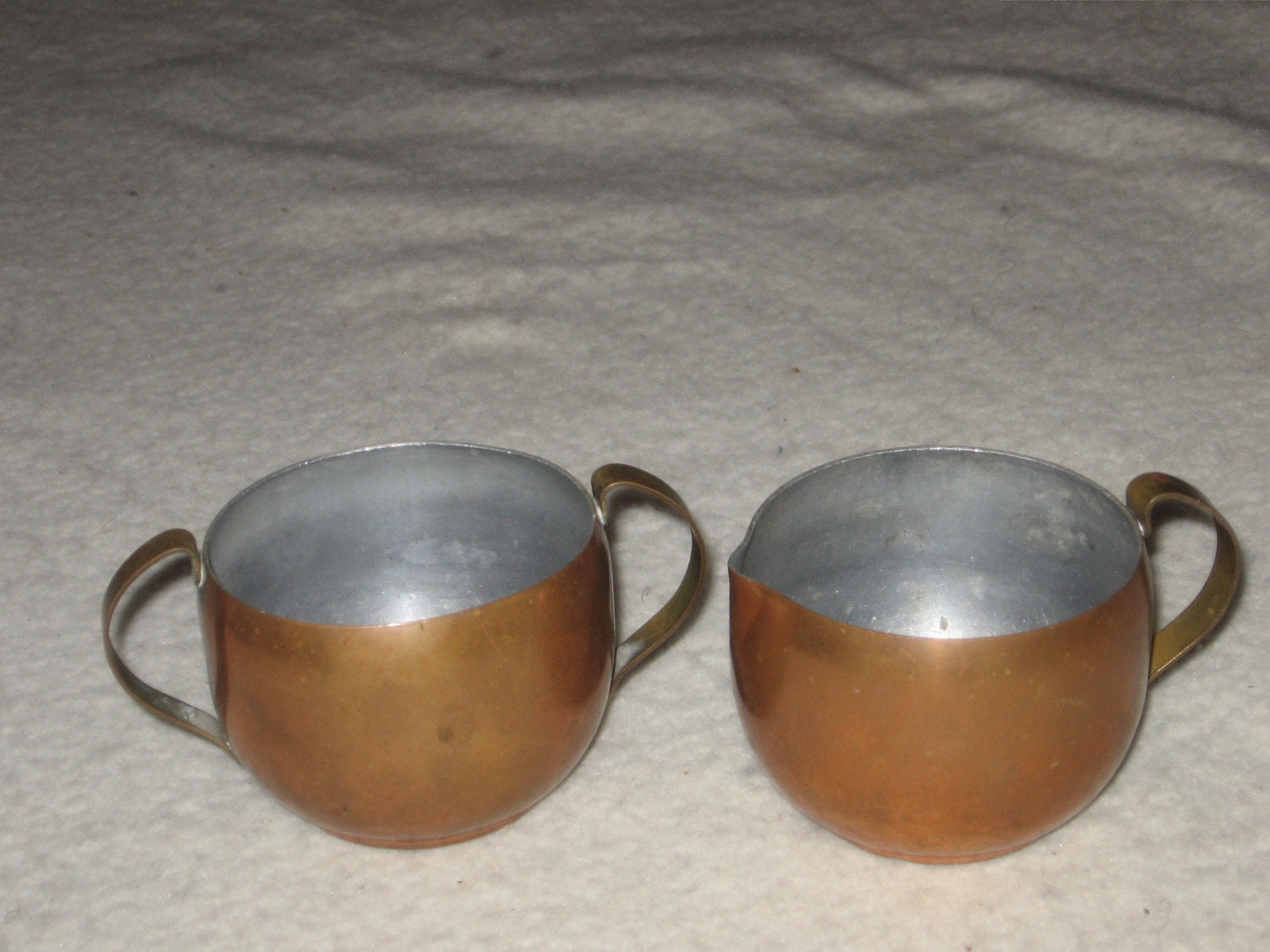 Vintage Copper Cream and Sugar Set Brass Handles