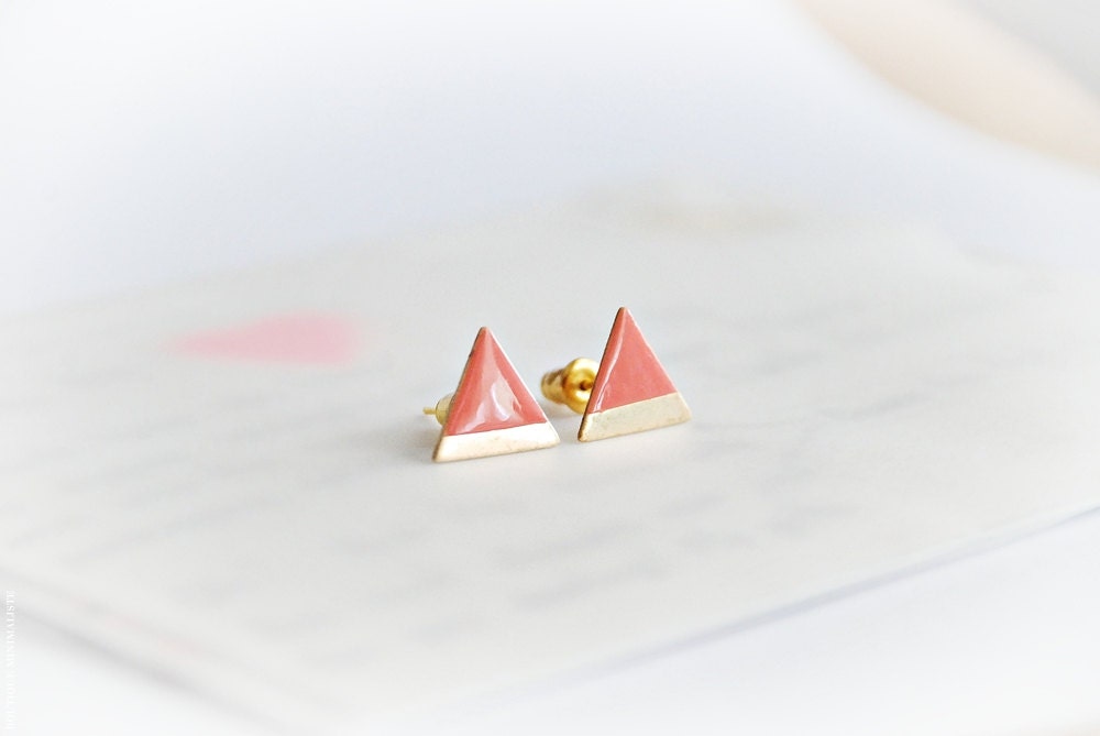 Coral Peach Dipped Triangle Earring Studs