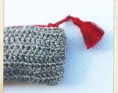 The Silver Handmade Crochet Pencil Case with red zip