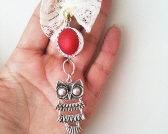 Owl Necklace with white bow and red beads