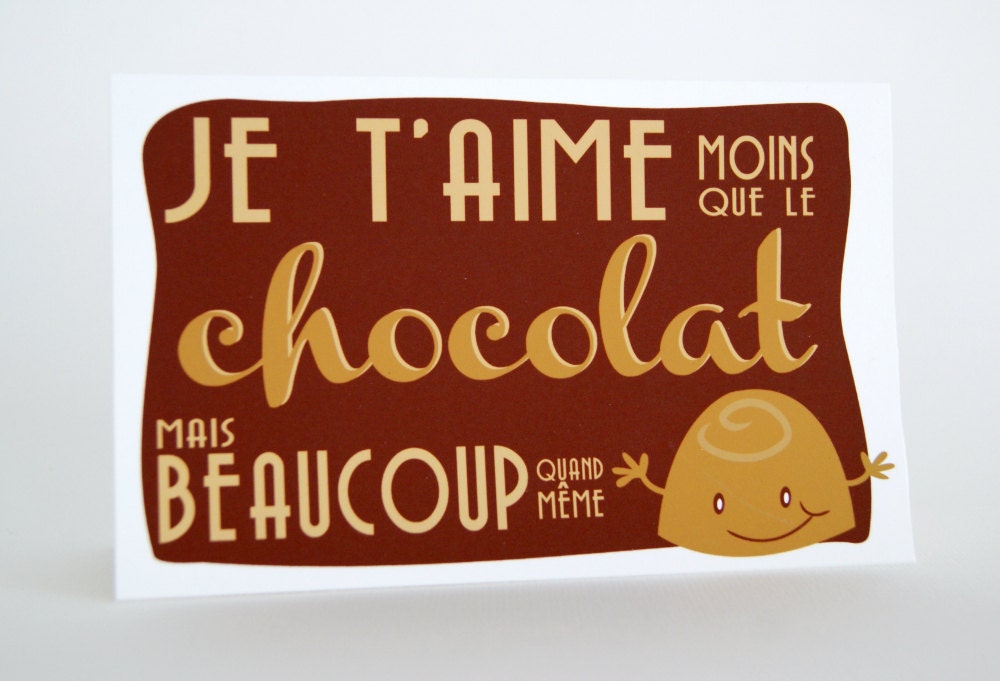 French lover - I love you card - Je t'aime - 3.5 x 5.5 inch - Milk chocolate - blank card - brown - beige - funny character - white envelope