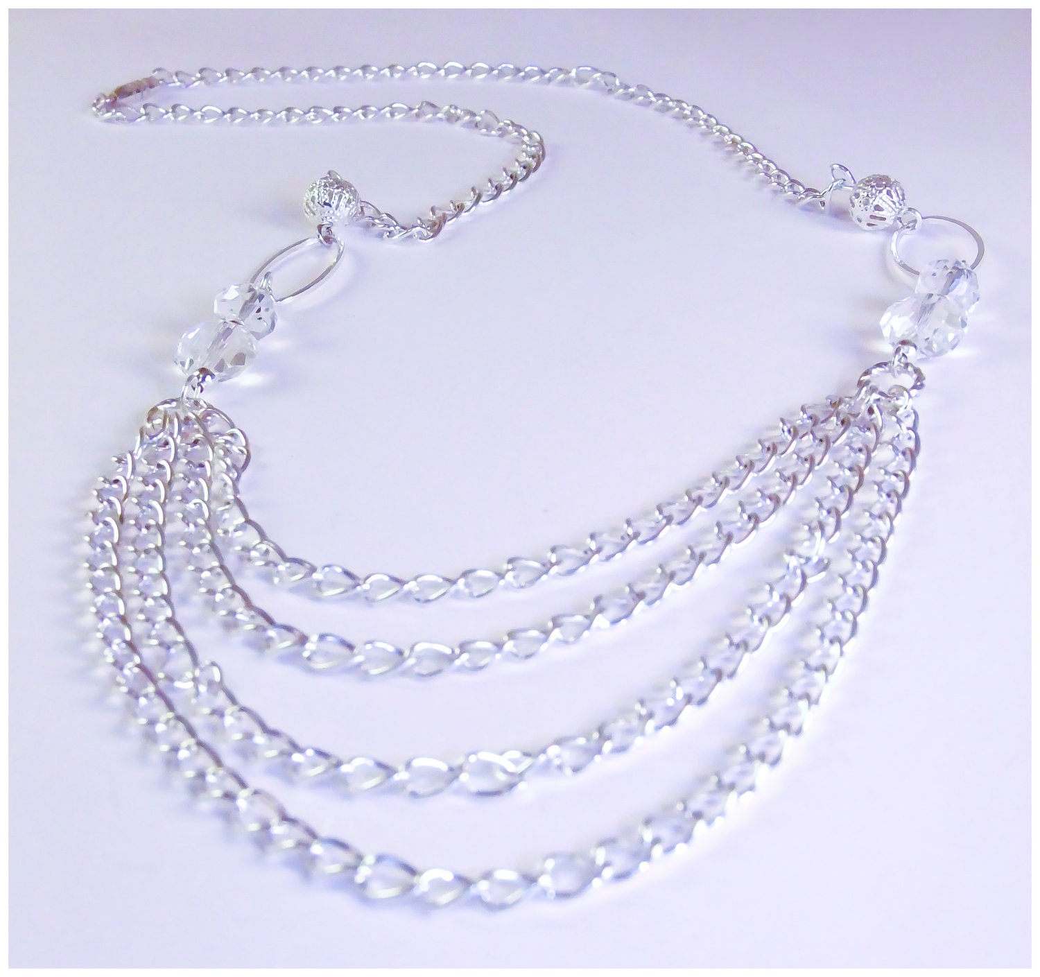 silver swag necklace, stacked necklace, multi layered strand, long silver chain necklace.