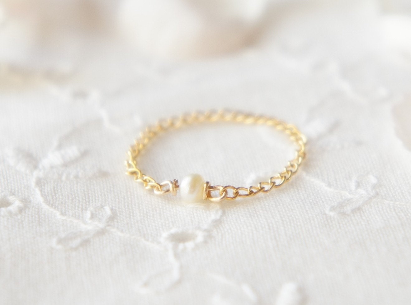 Freshwater pearl delicate chain ring- stacking ring- made to order- modern minimalist jewelry for everyday by noa noa