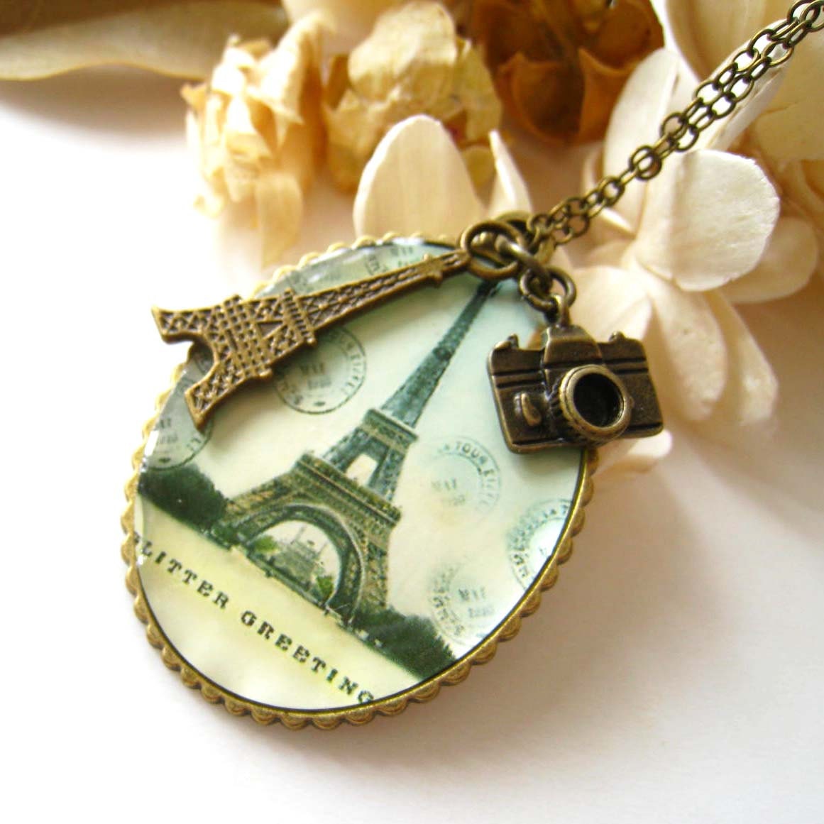 Sale (Limited Time) - Antique Brass Oval Eiffel Tower Plate with Eiffel Tower and Tiny Camera Pendant Necklace