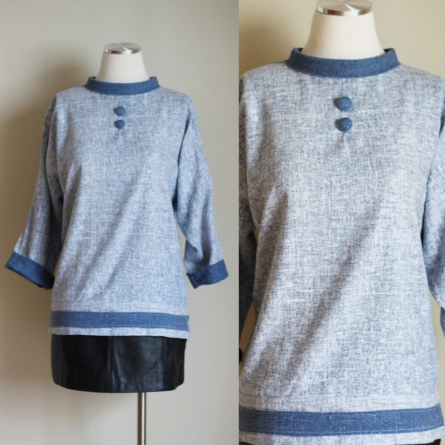 Vintage 1960s Mod Denim Tunic Top - Decorative Buttons - Cuffed Sleeves - Size Small / Medium