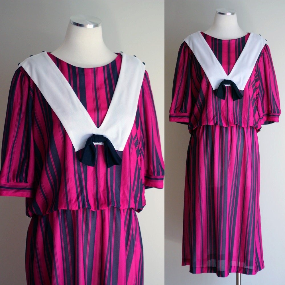 Vintage 1980s Dress - Magenta and Black Stripes - White Sailor Collar - Size XL / Plus Size