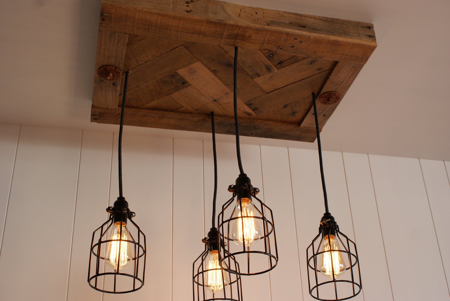 Cage Light Chandelier - Cage Lighting - Edison Bulb - Upcycled Wood