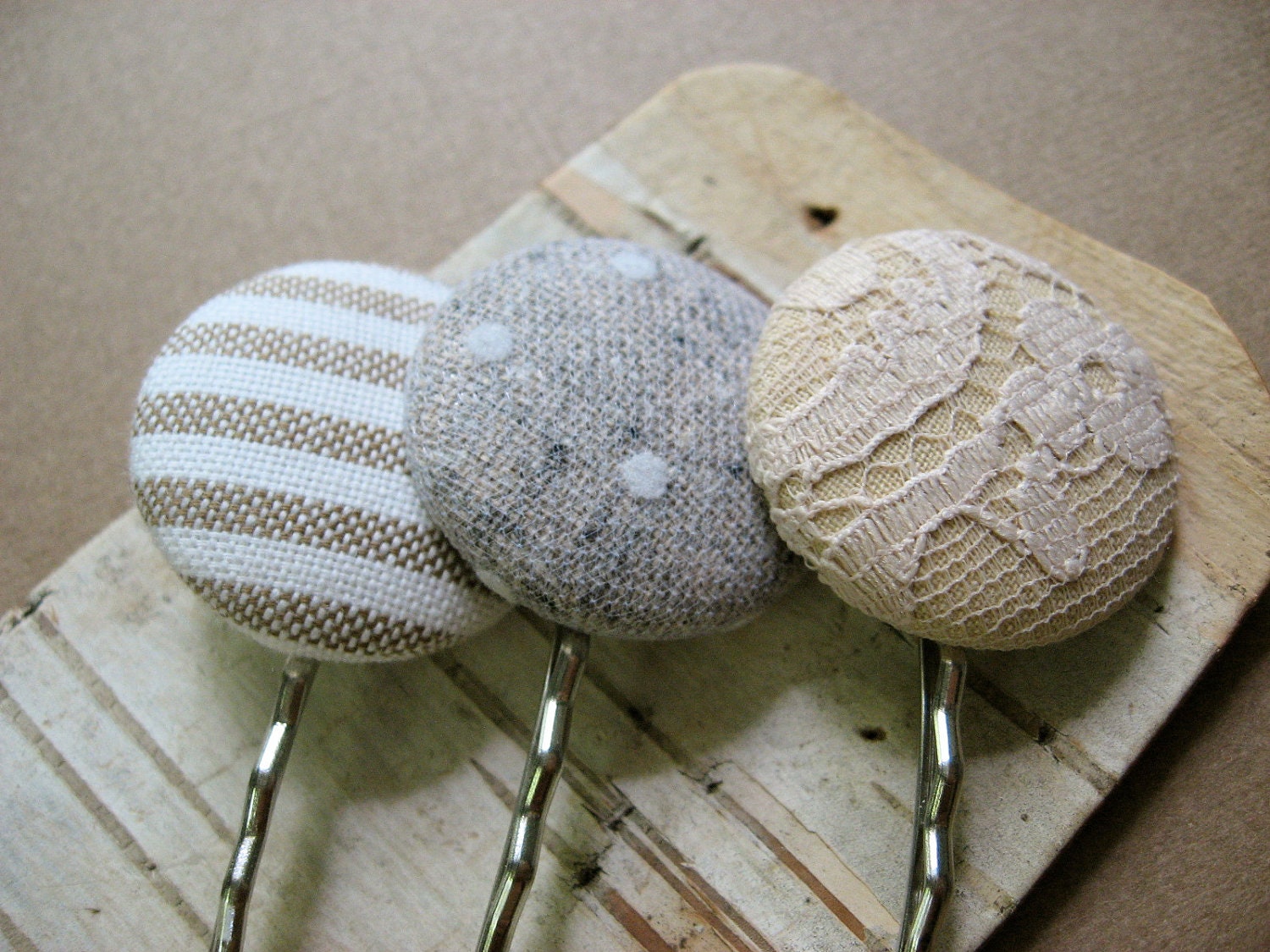 Pin Stripes, Dots,  and Lace- Set of Three Vintage Fabric Covered Button Hair Pins