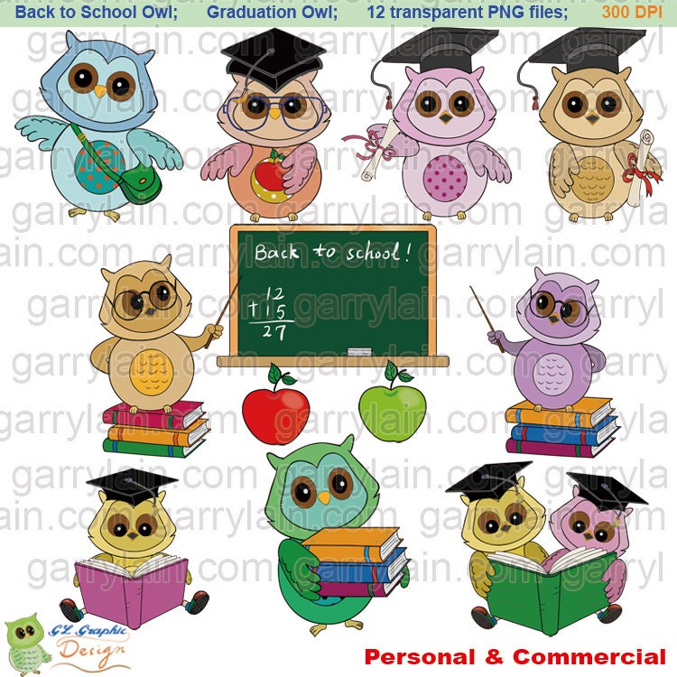 School owl clipart, back to school clip art, graduation, teacher, student, chalkboard, reading teaching, personal & commercial  CLS-0098