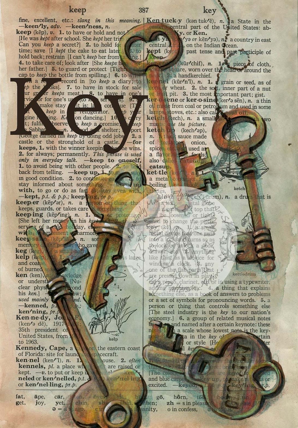 PRINT:  Key Mixed Media Drawing on Distressed, Dicitonary Page