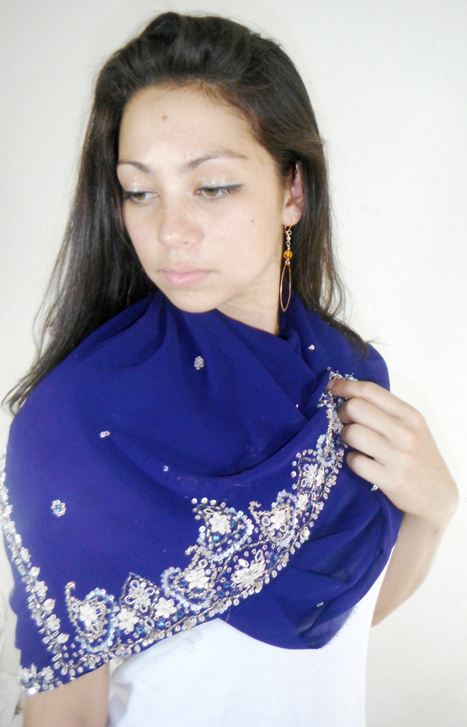 Blue Silk Scarf Summer Scarf Sari Scarf Wedding Wrap Sarong - MiriTextiles
