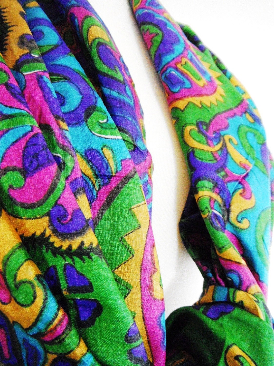 Silk Scarf, Silk Sari Scarf, Psychedelic Gypsy Bohemian Purple Green Blue Pink Yellow