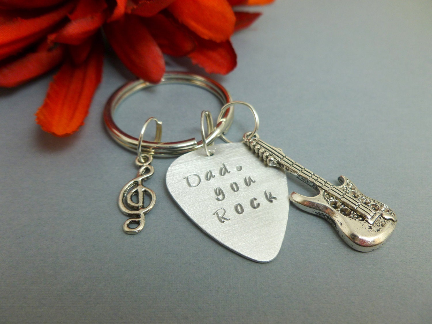 Keychain Hand Stamped, Dad, you rock on a pick