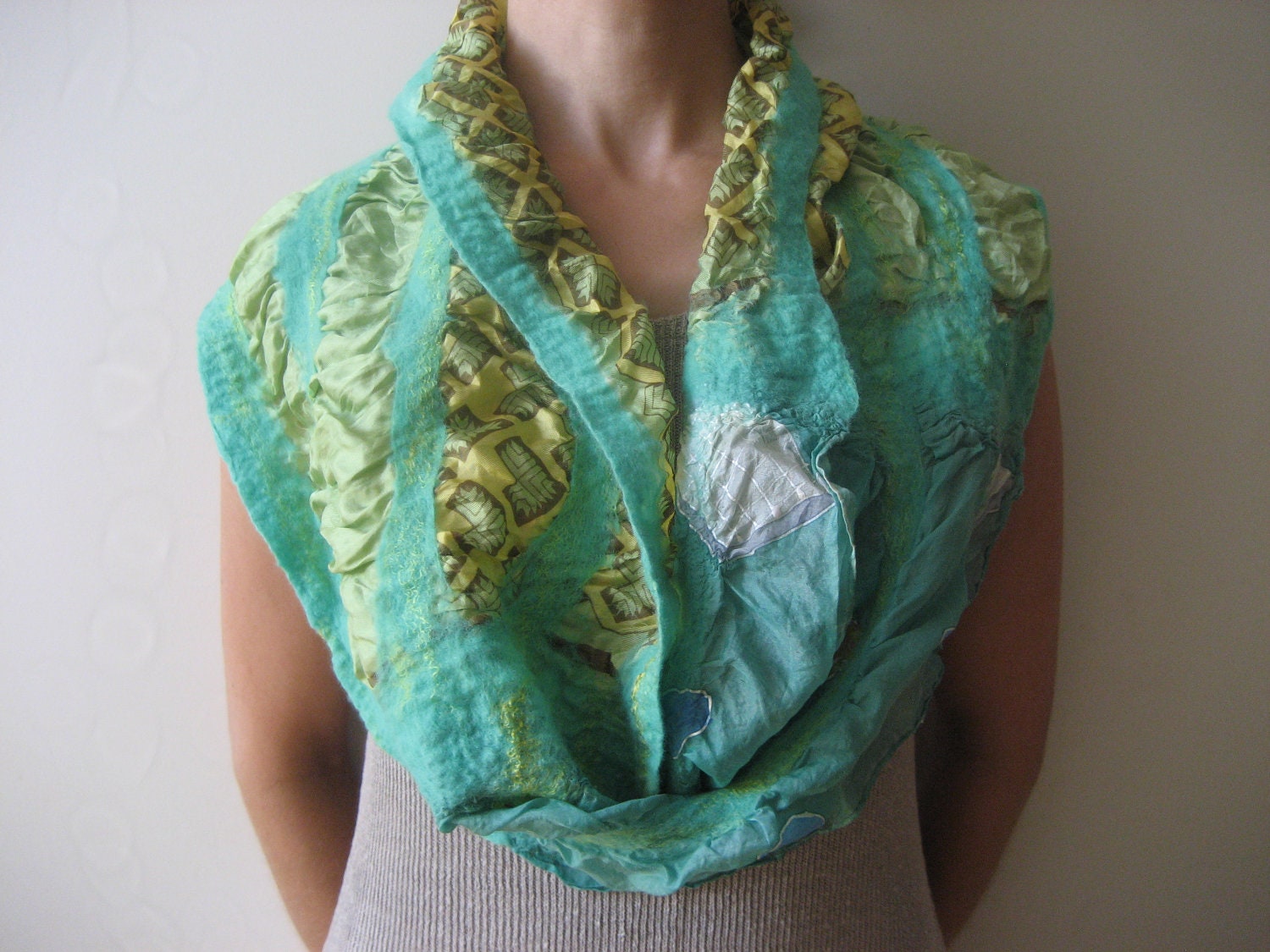 Green Mint Nuno Felt Infinity Loop Scarf Shawl Wrap: Wool, Silk. Splendid, Light and Bright. Gift under 25.