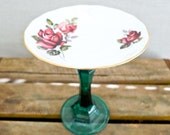 Vintage Cake Stand or Jewelry Dish- Floral, Green, Upcycled, Shabby Chic