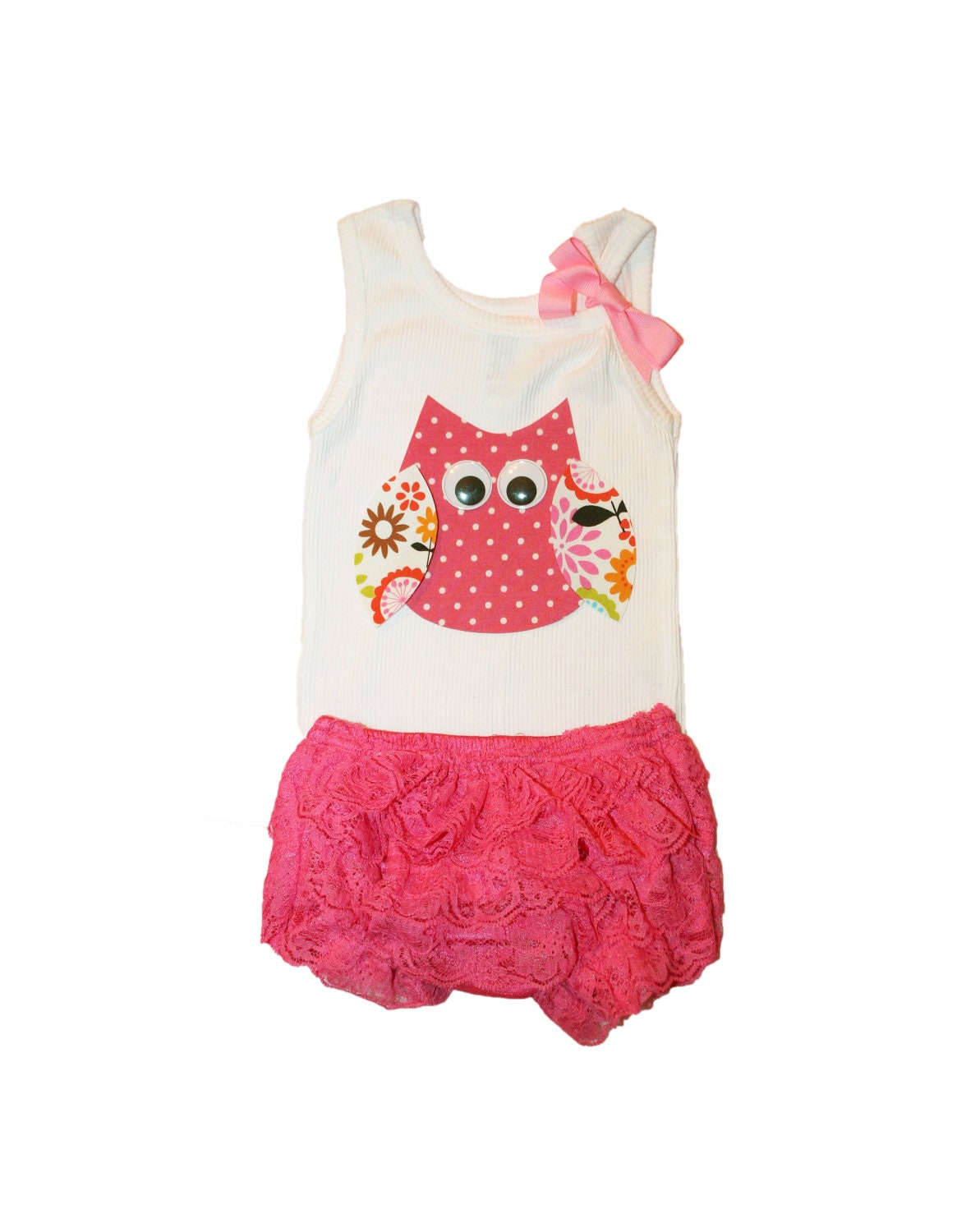 Baby Girl Clothes Owl Tank Top and Pink Lace Diaper Cover Outfit