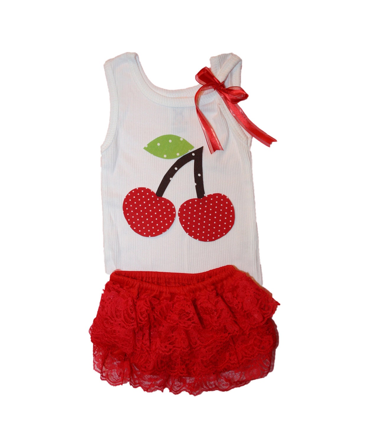 Baby Girl Clothes Outfit Cherry Tank Top and Red Lace Diaper Cover Outfit