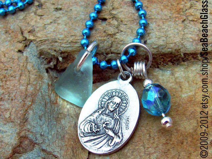 Holy Family. Holy Spirit Saint Medal. Seaglass. Catholic Necklace. Protective Necklace. Sacred Heart, Mary, St Joseph, Infant Jesus.