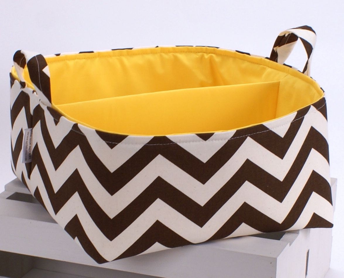 X LG 12"x12"x6"Diaper Caddy - Storage Bin Basket Container Organizer - Brown Cream Chevron Zigzag Fabric