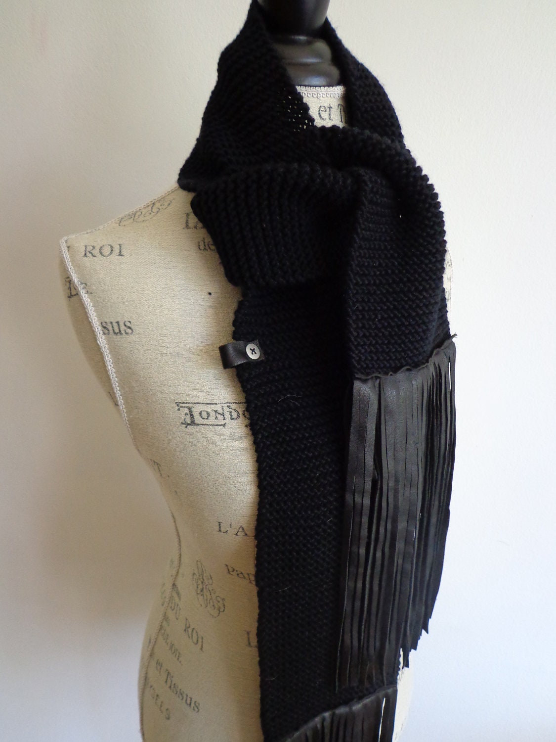 Hand knit  scarf with real suede trim