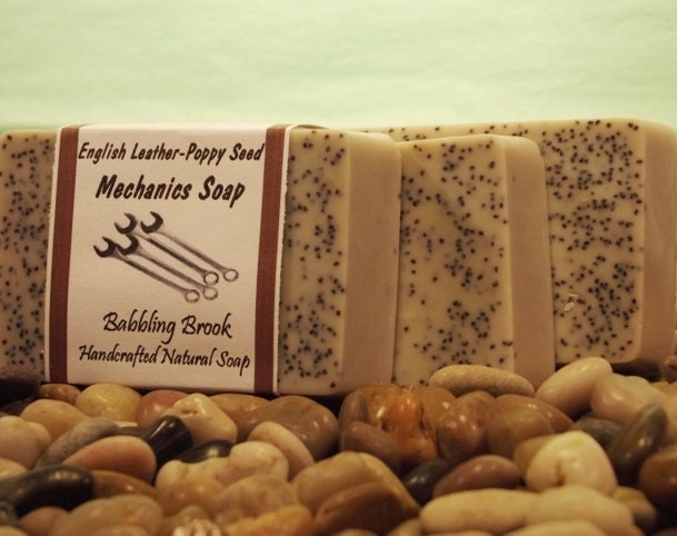 Men love our Mechanics Soap with lots of poppy seeds to scrub away grease and oil from working hands. Vegan.