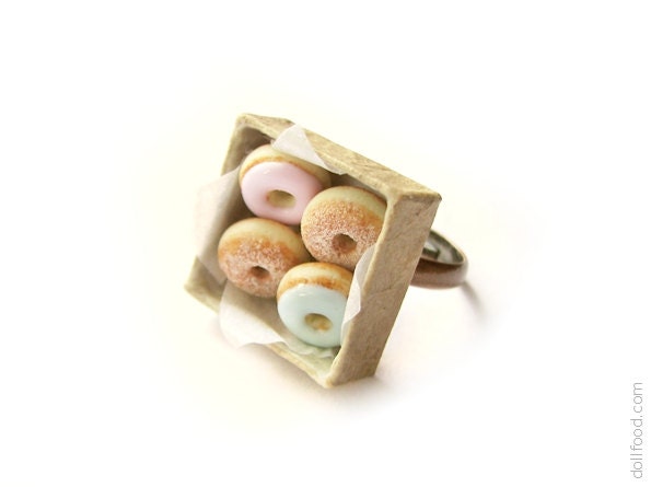 Donuts Ring - Mint Pink Powdered Sugar Donuts - Food Jewelry - dollfoodminiatures