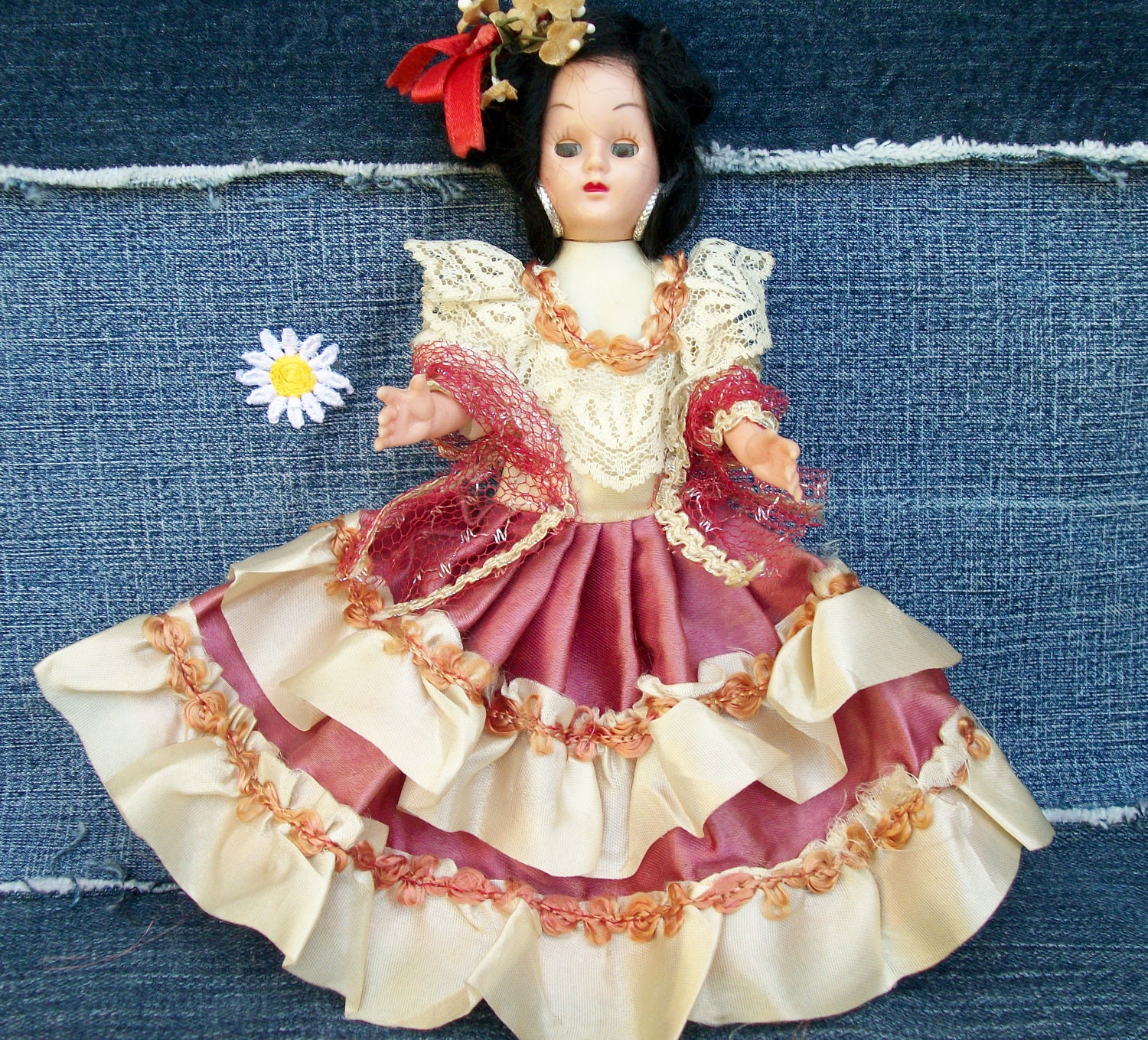 Unique Doll with Freaky Blinking Eyes, Pink and White Satin Dress, Renaissance, Revolutionary,Beehive Hair, Flowers,Lace, Hoop Earrings