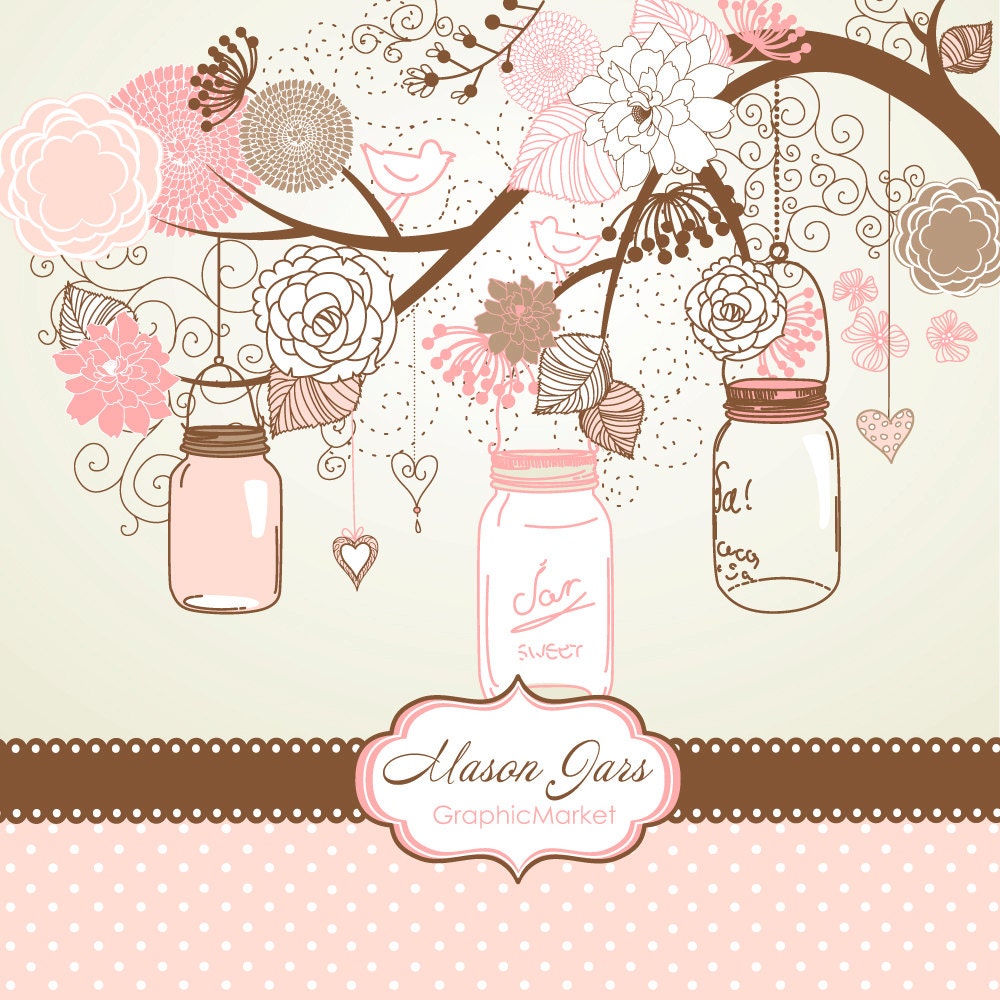Hand Drawn Mason Jars, card template and digital papers, Clip art for scrapbooking, wedding invitations, Personal and Small Commercial Use