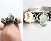 Three Prong Raw Sea Coral Adjustable Ring With Broken Sea glass