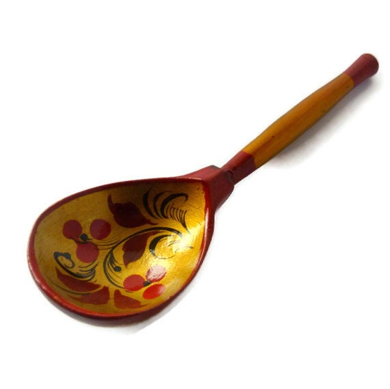 Spoon Red & Gold Decorative Russian Painted Wooden Lacquer