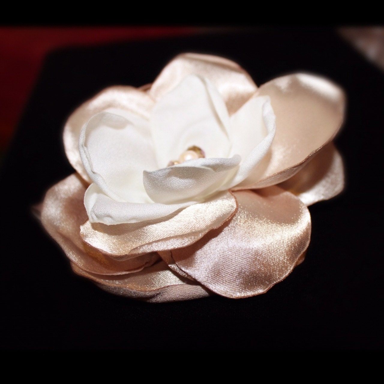 Satin floral fascinator in champagne and ivory with Swarovski crystal and pearl