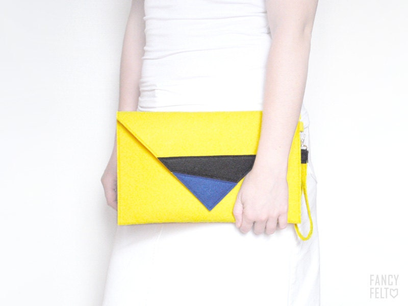 Geometric yellow black and navy blue felt clutch bag